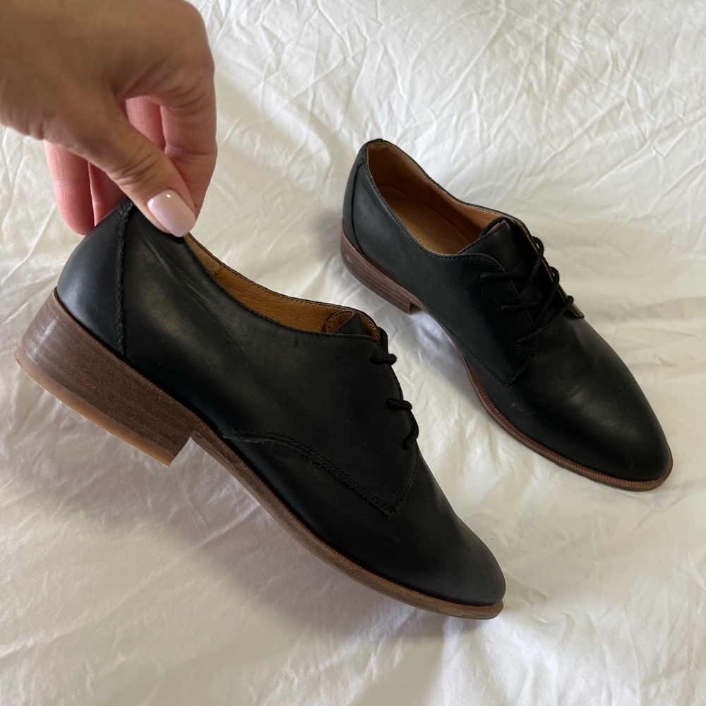 Madewell Shoes Women's 7.5 The Frances Black Leather Pointed Toe Oxfords.